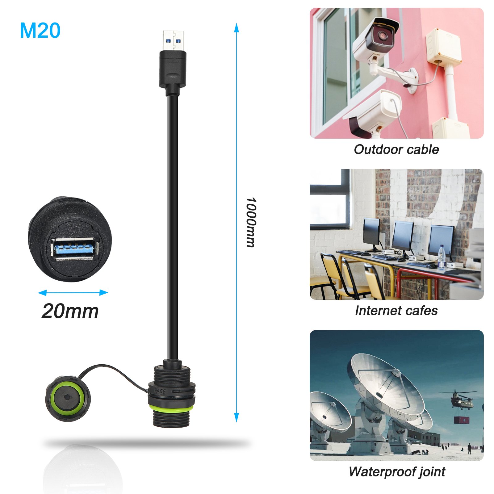 YPM20 Series full cable assembly — 0.5 m pigtail with USB 3.0 Type-A male plug (factory photograph).