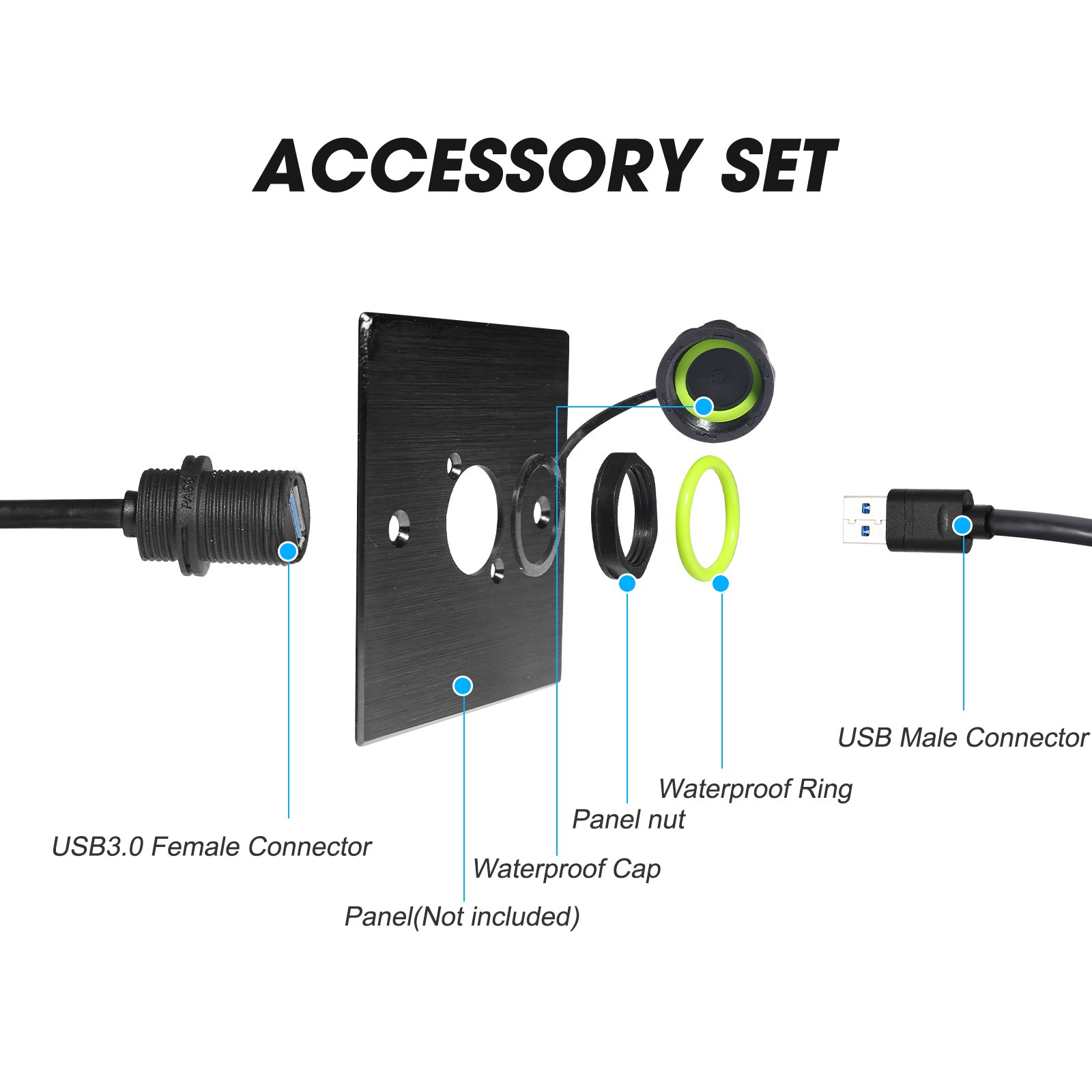 YPM20 Series panel-mount USB 3.0 cable — rear assembly showing locknut, O-ring and pigtail exit (factory photograph, Ningbo Aug 2026).