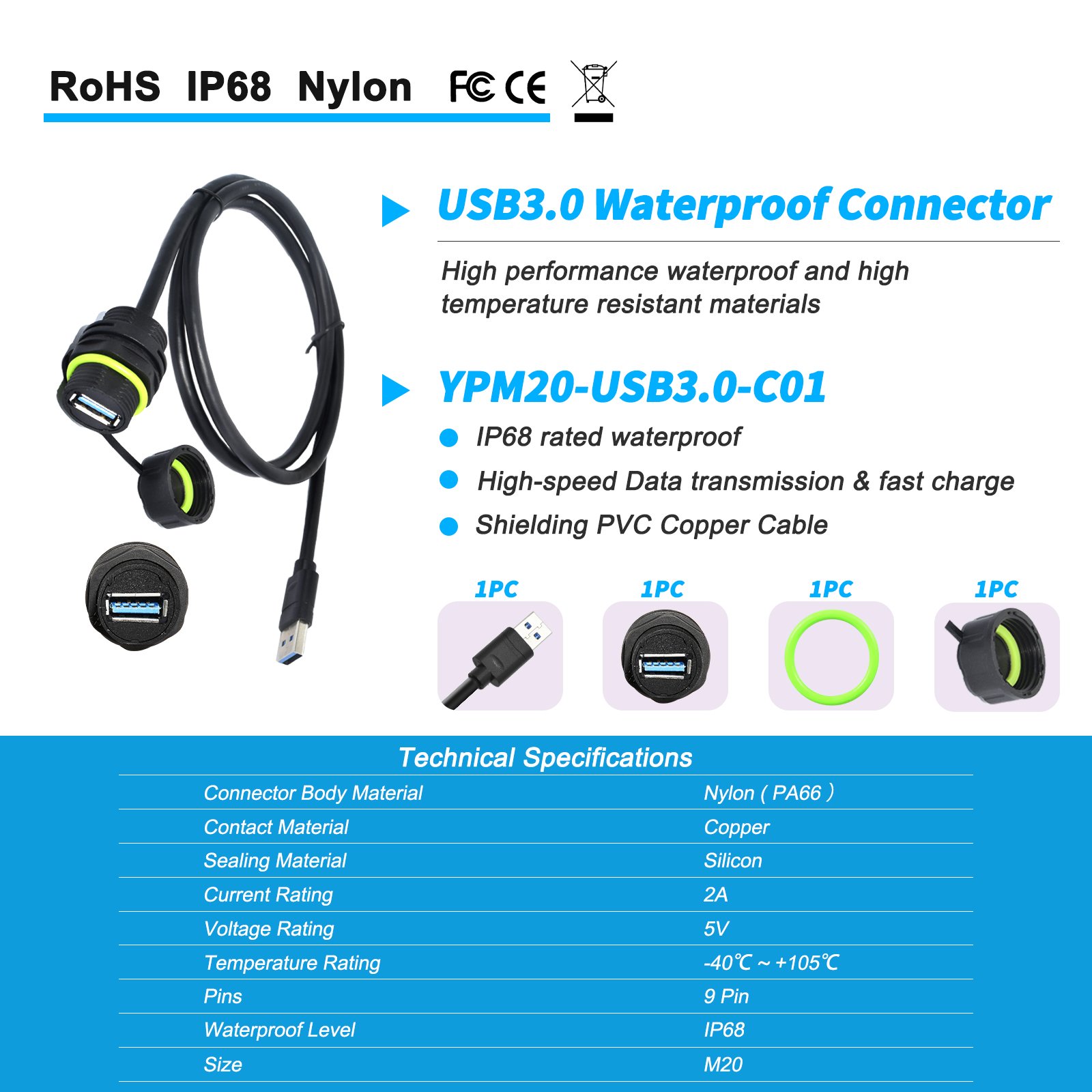 YPM20 Series dimensional drawing plus panel seal kit — Ø20.0 mm punch, silicone O-ring, PA66 locknut.