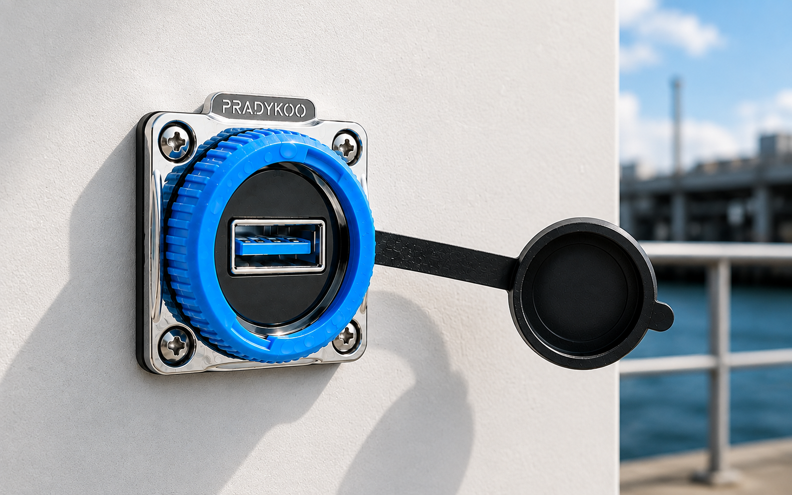 Aluminium panel-mount USB female connector with black flange, flange-type USB 2.0 jack