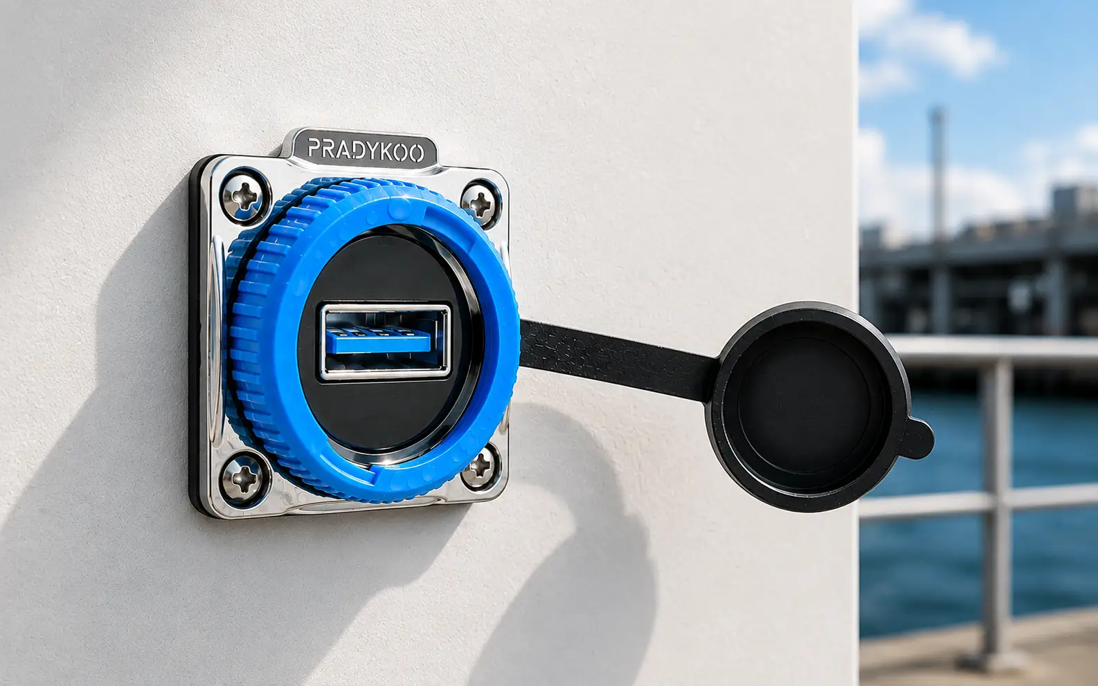 Aluminium panel-mount USB female connector with black flange, flange-type USB 2.0 jack