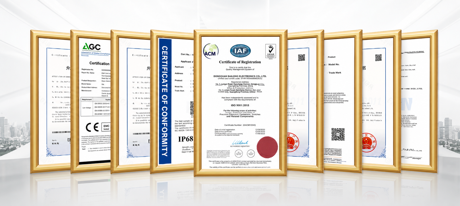 YXY Electronics — Official ISO, CE, RoHS, REACH & IP68 certificates on display