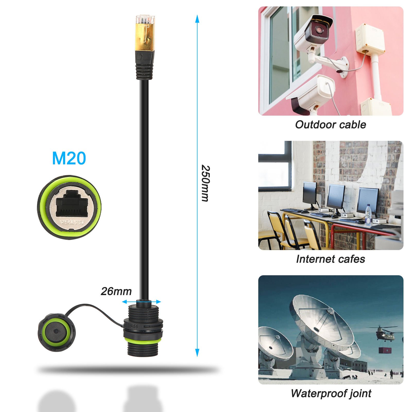 YXY A1092 25CM Waterproof RJ45 CAT6A Connector IP68 Male-to-Female Cable