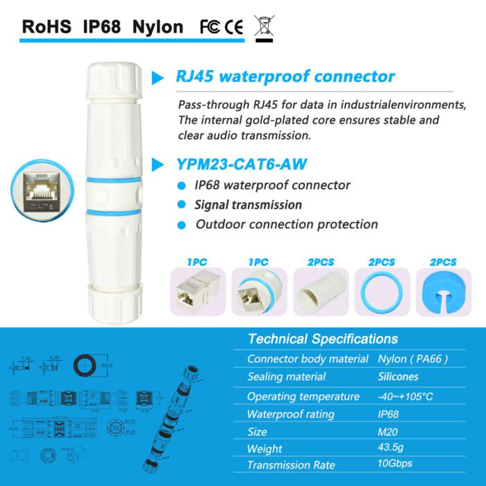 YXY YPM23-CAT6-AW Waterproof RJ45 CAT6 Inline Coupler (White/Blue)