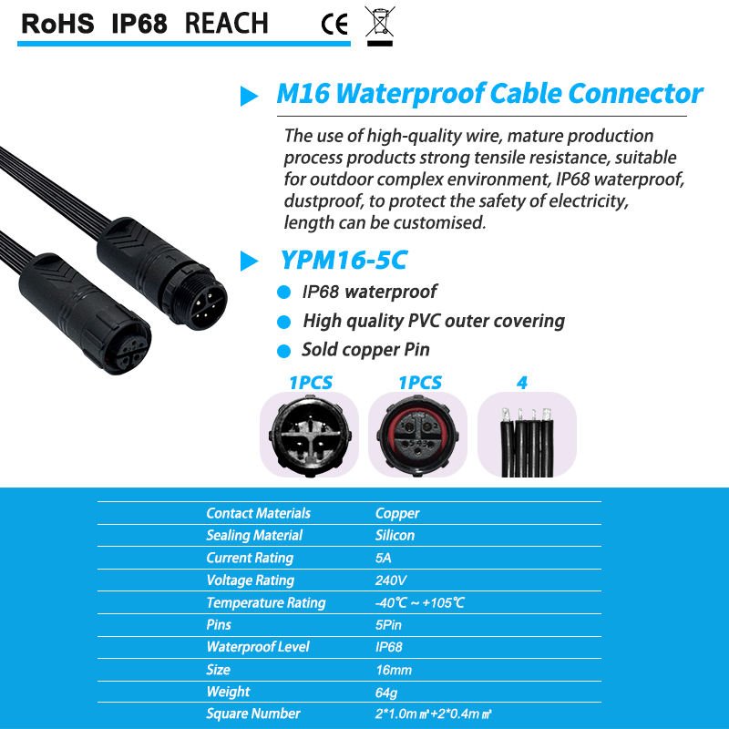 YXY M16-5C 5-Pin IP68 Waterproof Cable Connector Male Female Pair