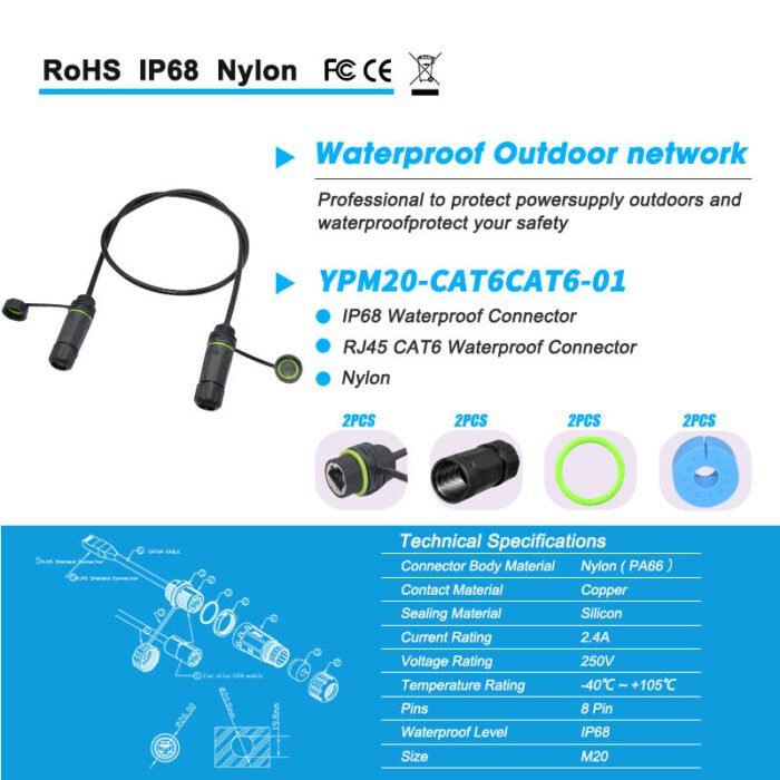 YXY YPM20-CAT6ACAT6A-C02 Waterproof RJ45 CAT6A Panel Connector IP68 (Female to Male Tail)
