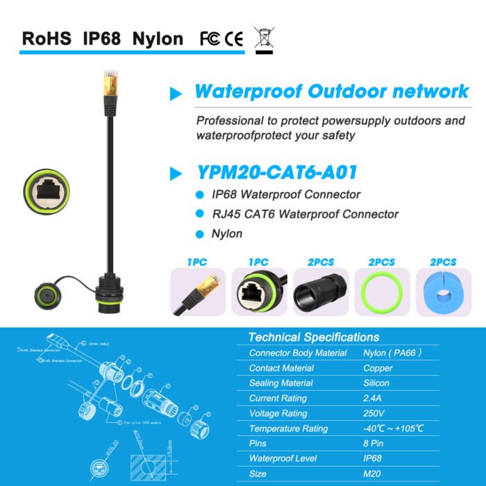 YXY YPM20-RJ45-C02 Waterproof RJ45 Panel Connector IP68 (Female to Male Tail)