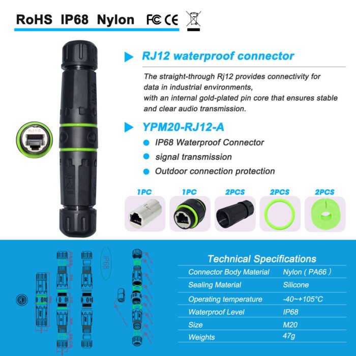 YXY YPM20-RJ12-A Waterproof RJ12 Inline Coupler IP68 (Female to Female)