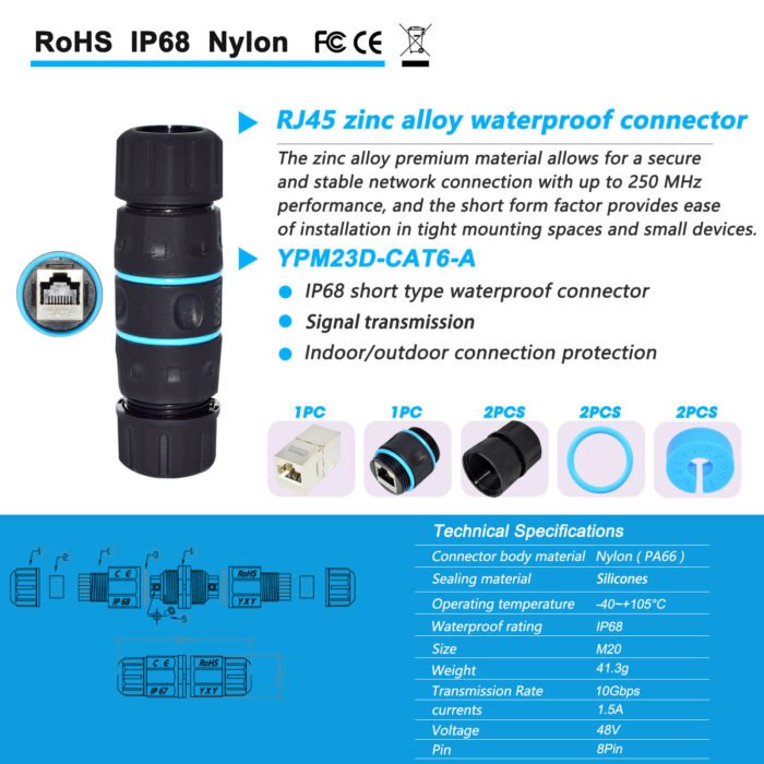 YXY YPM23D-CAT6-A Waterproof RJ45 CAT6 Panel Mount Connector