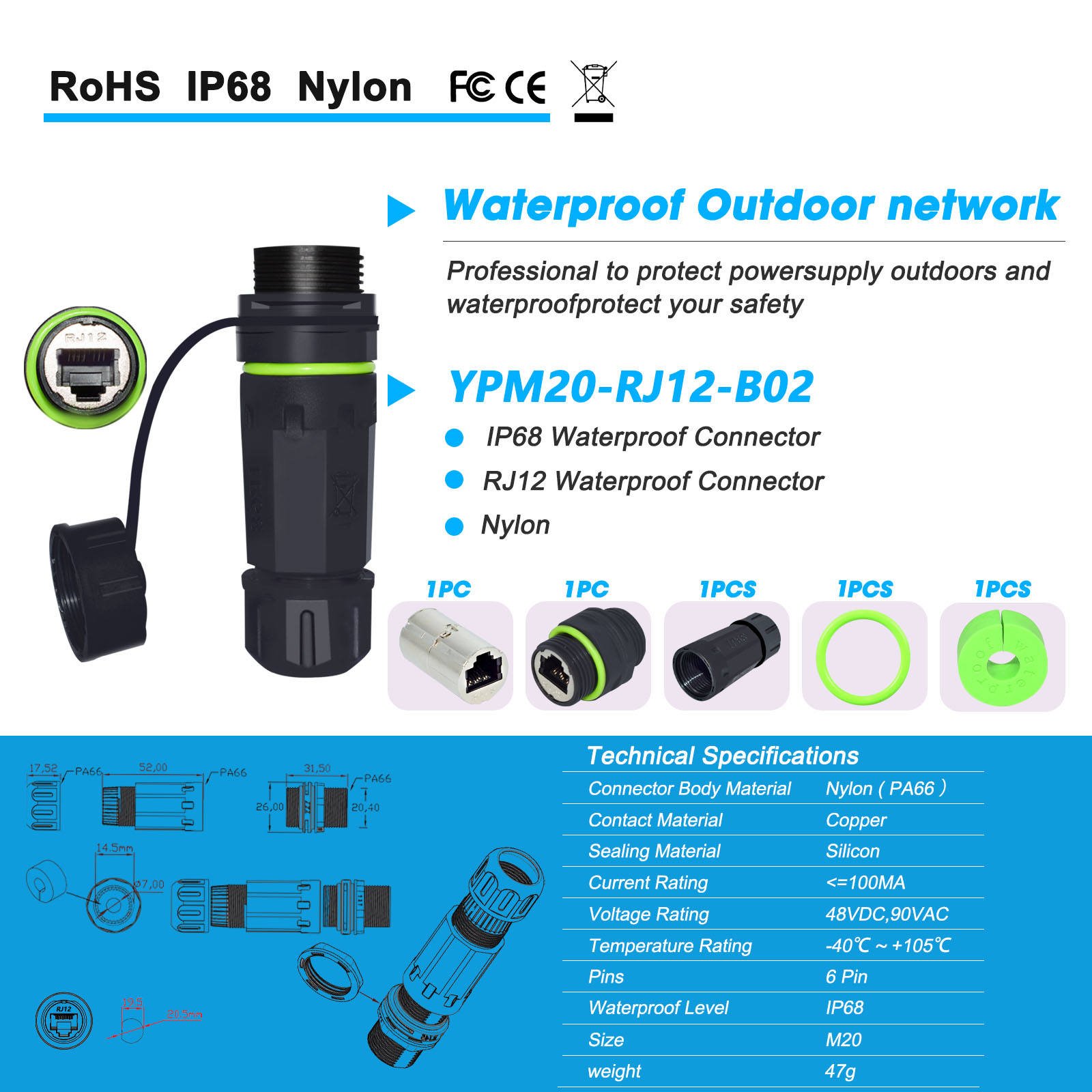 YXY PCM-0679 Waterproof RJ45 Panel Mount Coupler