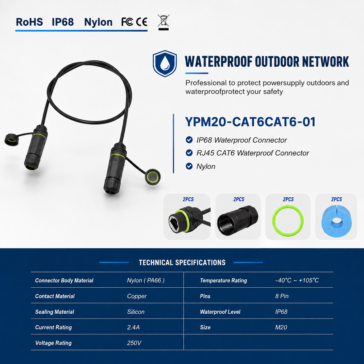 YXY YPM20-CAT6 IP68 waterproof RJ45 coupler — product photo from the manufacturer's official listing